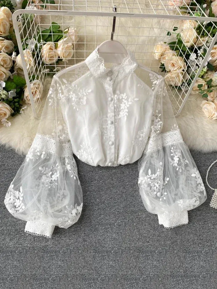 Znbbw Women French Mesh Lace Blouse Stand Collar Three-dimensional Embroidered Puff Sleeves Court Style Slim Shirt Female Blusa PL610