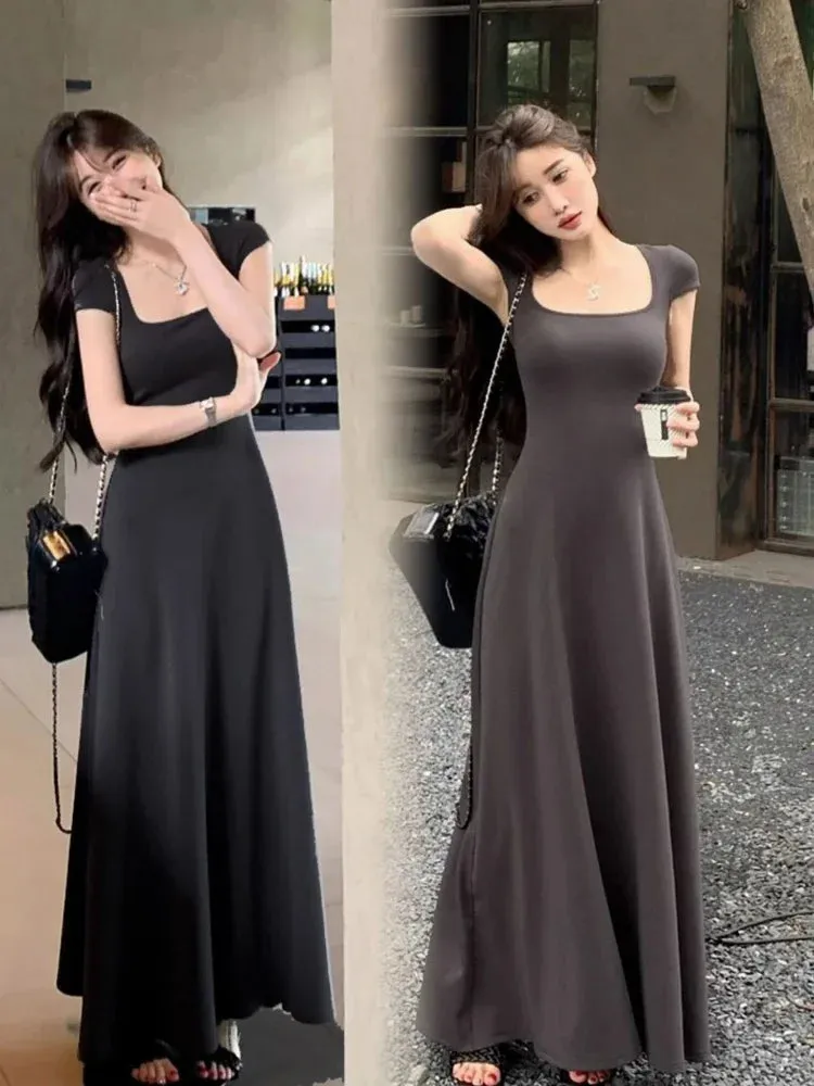 Znbbw New Summer Waist-fitted Elegant French Style Women's Grey Short Sleeve Tank Dress Long Dress Sexy Dress