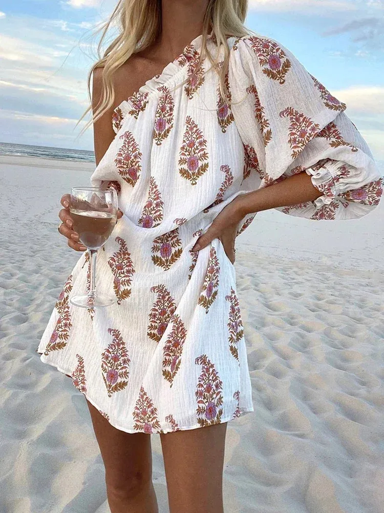 Znbbw One Shoulder Tree Printed Loose Casual Summer Dress Women Lantern Sleeve Fashion Beach Short White Vestidos Sundress