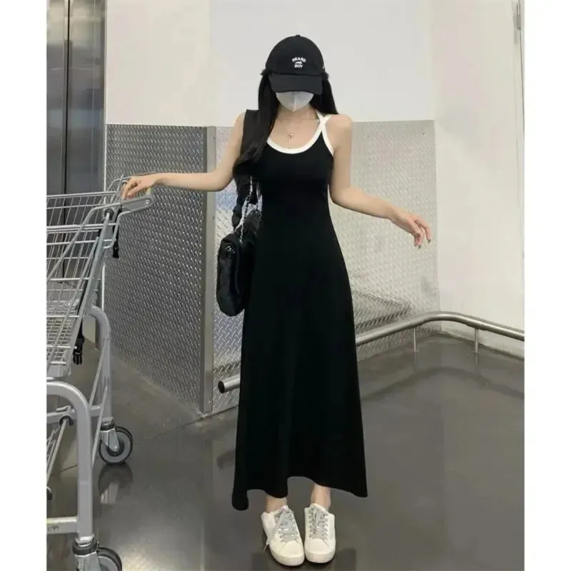 Znbbw Fashion Summer Black Loose Slip Dress Off Shoulder Solid Simplicity All-match Sleeveless Dress Temperament Women Clothing
