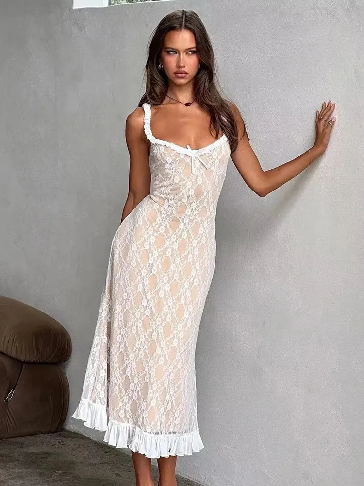 Znbbw Lace Mesh Bodycon Midi Party Dress Women Apricot Ruffles Elegant Black Sexy Club Shealth Dress Robe 2024 Tank Dress