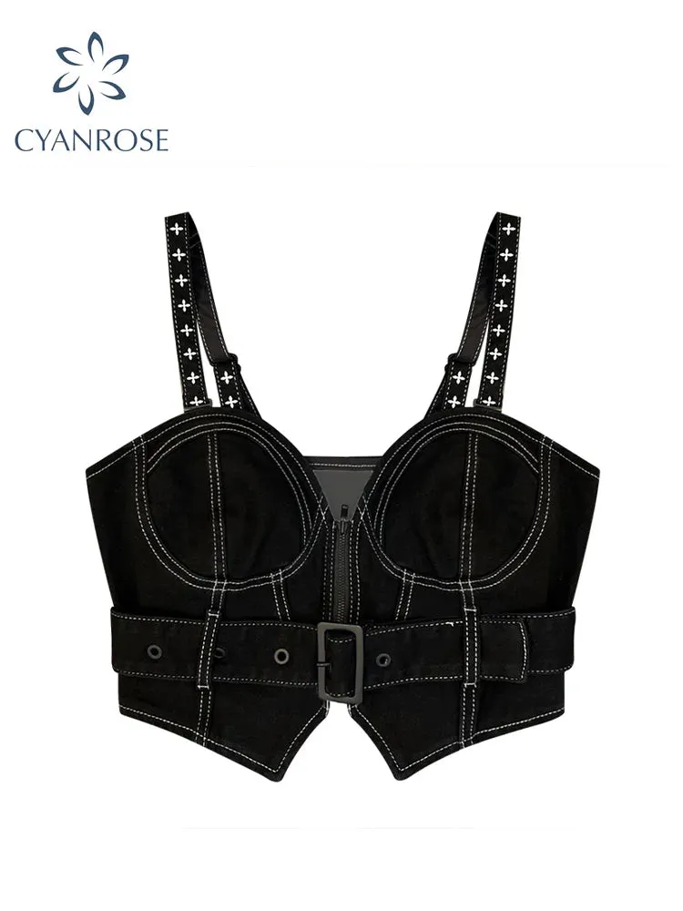 Znbbw Top Women Sexy Black Vintage Denim Crop Tops Summer Camisole Fashion Casual Female Gothic Y2K Sleeveless Off Shoulder Vest