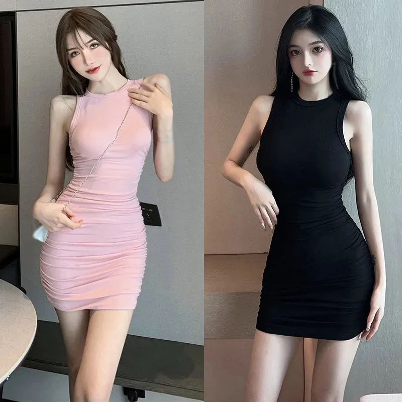 Znbbw Hip Wrap Dress Sexy V-neck Sleeveless Dress Solid Color Korean Fit Pleated Short Dress