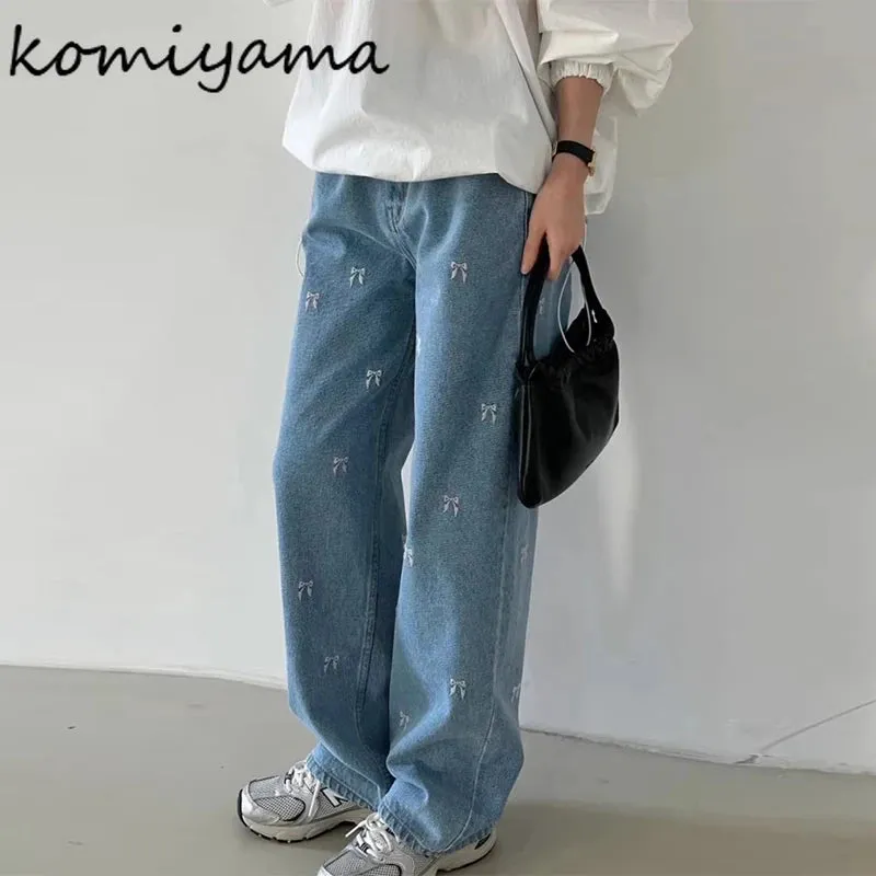 Znbbw Bow Jeans Wide Leg Pantalones Mujer High Waist Women Denim Pants Korean Fashion Ropa Mujer Spring Womens Clothing