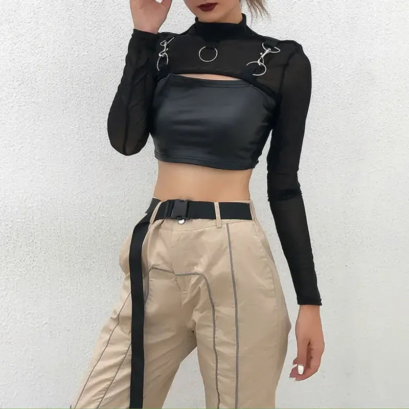 Znbbw Women Gothic Sexy Extra Short T-shirts Mesh Long Sleeve Streetwear Cover Top Solid Black Tees Night Club Cool Tshirt Hot Selling