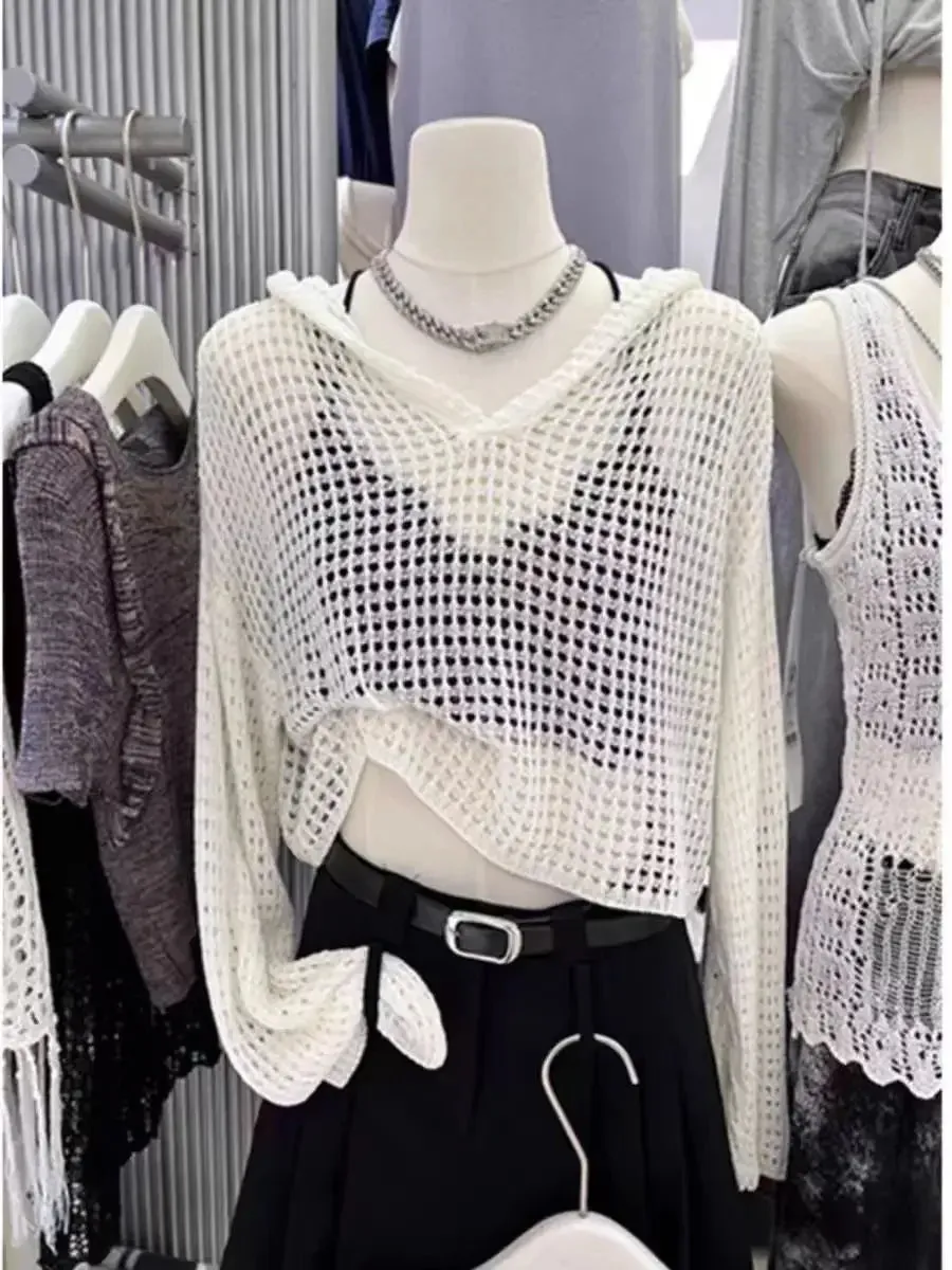Znbbw Summer New Short Hooded Hollow Knitwear Women's Thin Long sleeved Loose Top Sunscreen Cover