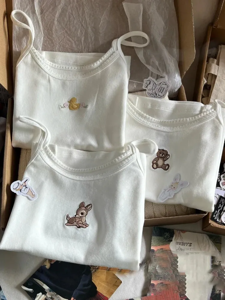 Znbbw Cartoon Embroidery Tank Tops Women Summer Lace Trim Cotton Sleeveless Camisole Vests Solid Vintage Sweet Slim Crop Top Y2k