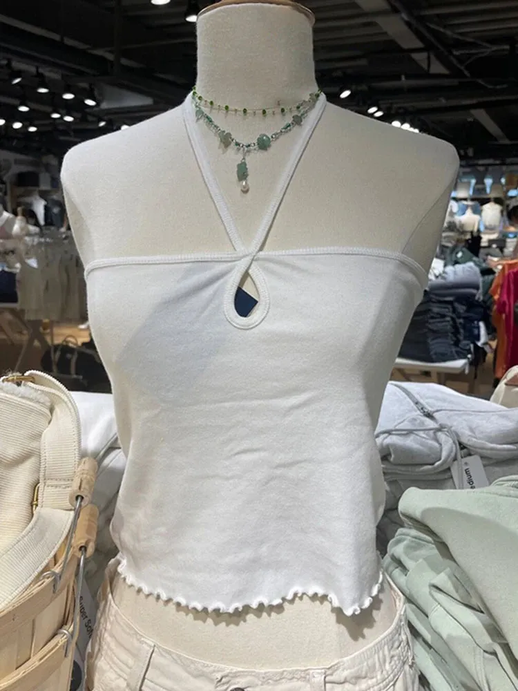 Znbbw Ruffles Halter Neck Camis White Sexy Sleeveless Soft Cotton Summer Crop Top Women Y2k Fairycore Solid Sweet Tank Tops