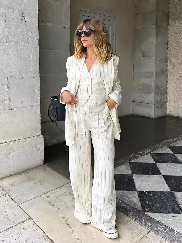 Znbbw Stripes Vest Pants Set Fashion 2 Pcs Outfits Summer Autumn Women Blazer Pants Set Loose Casual Wide Leg Pants Suit New