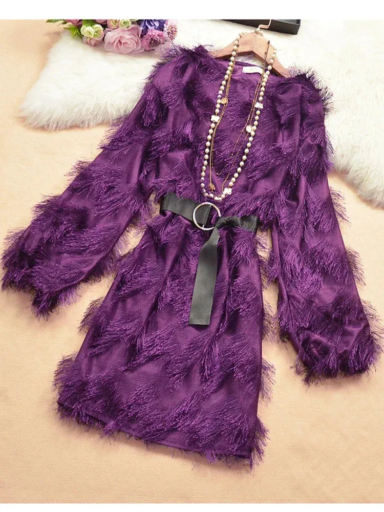 Znbbw Women's Feather Dress With Bow Belt Tassel Long Sleeve High Waist Solid Bodycon Lady Mini Dresses Woman Vestido Female LS177
