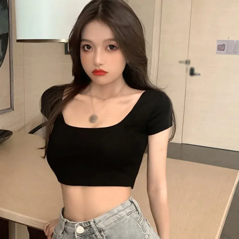 Znbbw Women Summer U-neck Short Short-sleeved T-shirt Women's Top Slim Square Neck Crop Top