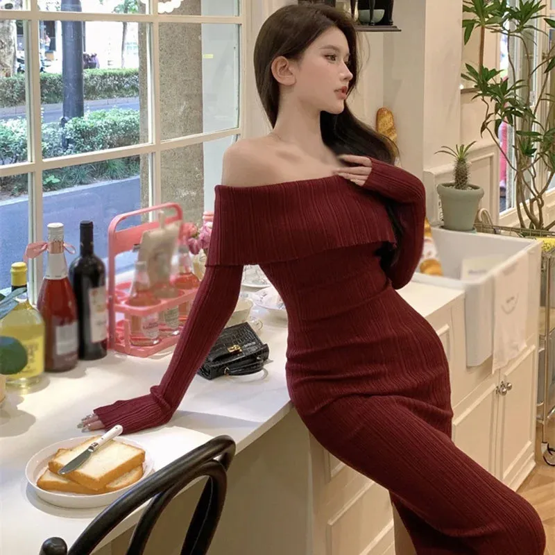 Znbbw Women's Dress  Hip Wrapped Medium Length  Thin  Waist Closed  Split Long Sleeve Straight Shoulder Dress