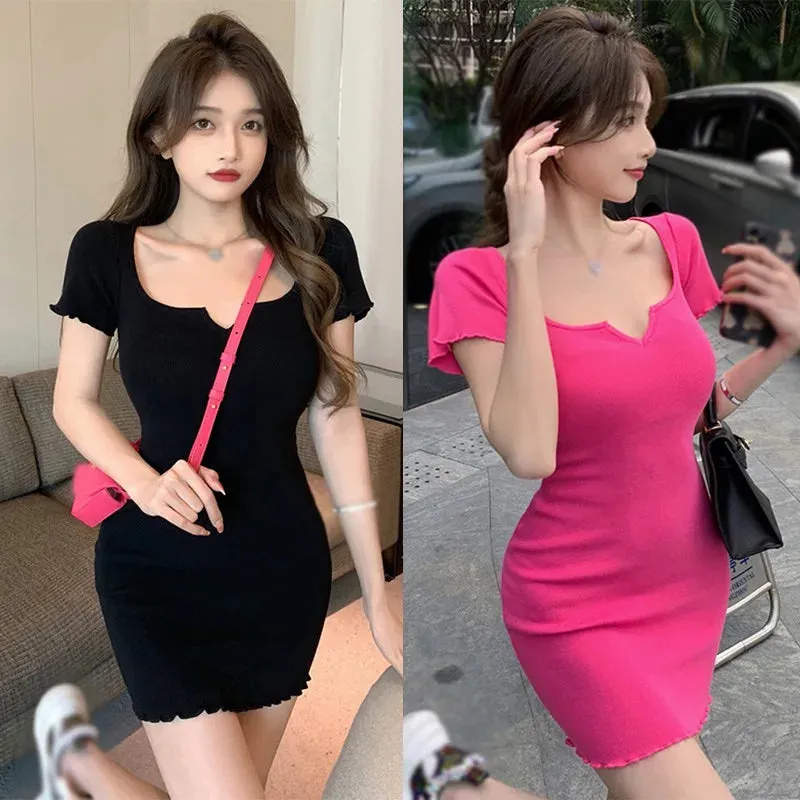 Znbbw Korean Version Small V-neck Dress Slim Fitting Sexy Short Sleeved Dress