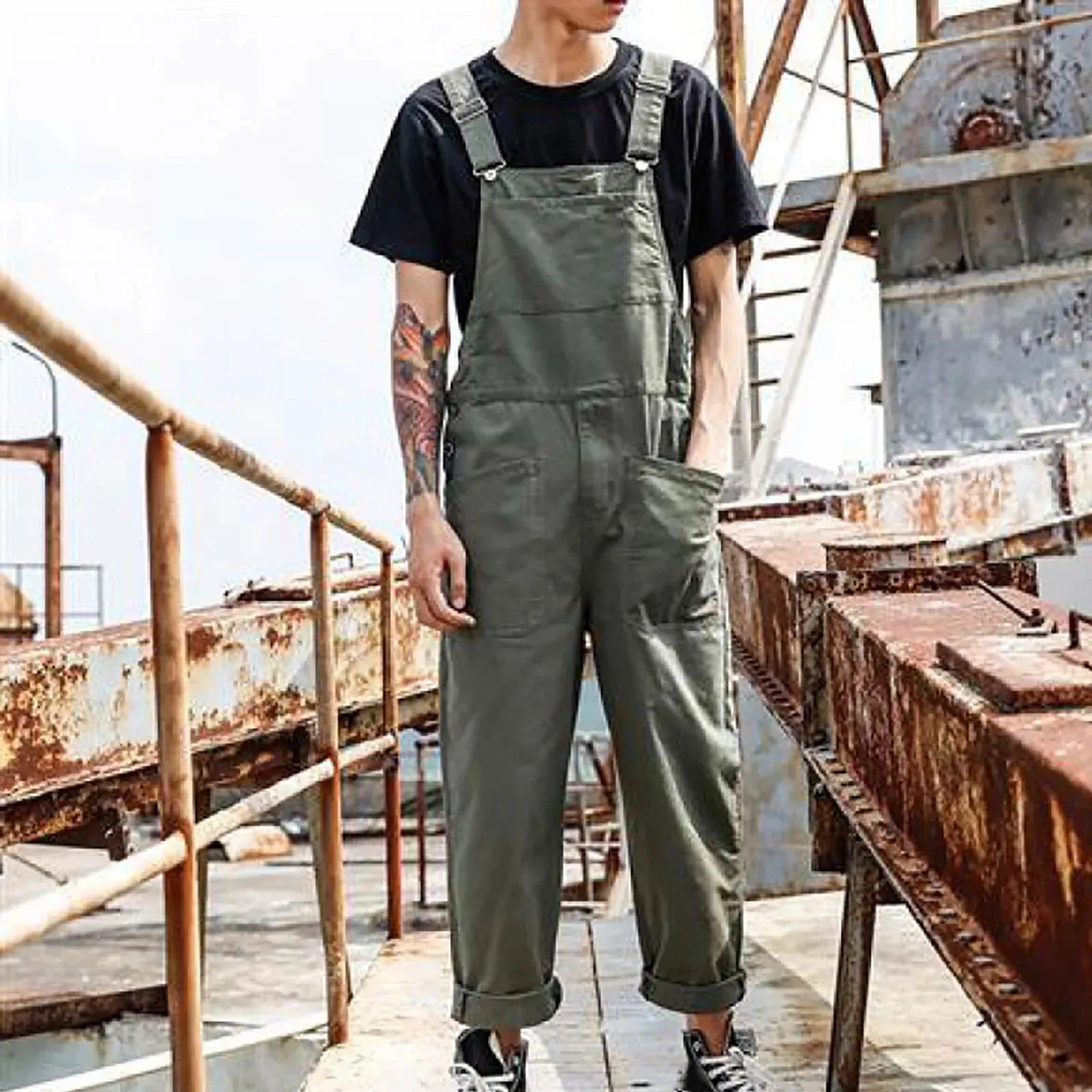Znbbw Mens Fashion Vacation Cargo Overalls Summer 2024 New Men's Holiday Handsome Streetwear One-piece Solid Jumpsuit With Pockets