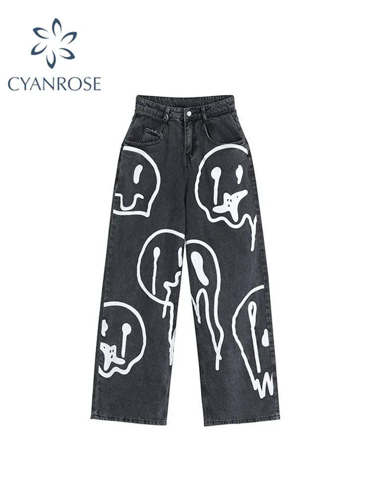Znbbw New Spring Fashion Ins Street Hip-hop Printing Wash Jeans Loose Casual Denim Wide Leg Pants Tide Woman Long Trousers
