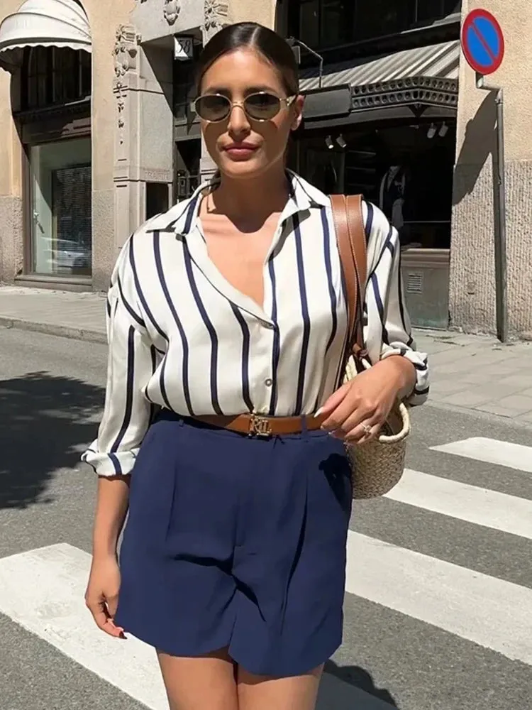 Znbbw Stripes Shirt Women Autumn Spring Black Casual Loose Blouse Turn Down Collar Chic Vintage Oversize Female Blusa