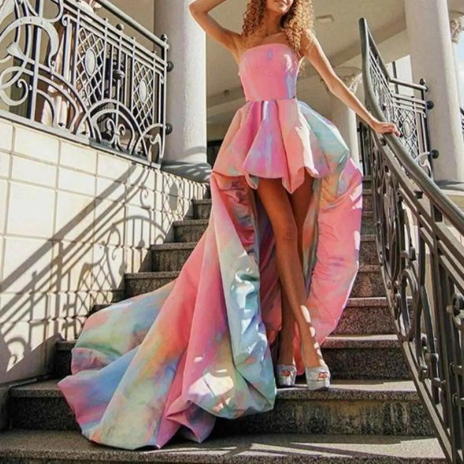 Znbbw Sexy Girls Birthday Dress Rainbow Frock Pleated Backless Lace Up Strapless Maxi Party Evening Dress Cocktail Femme Robe