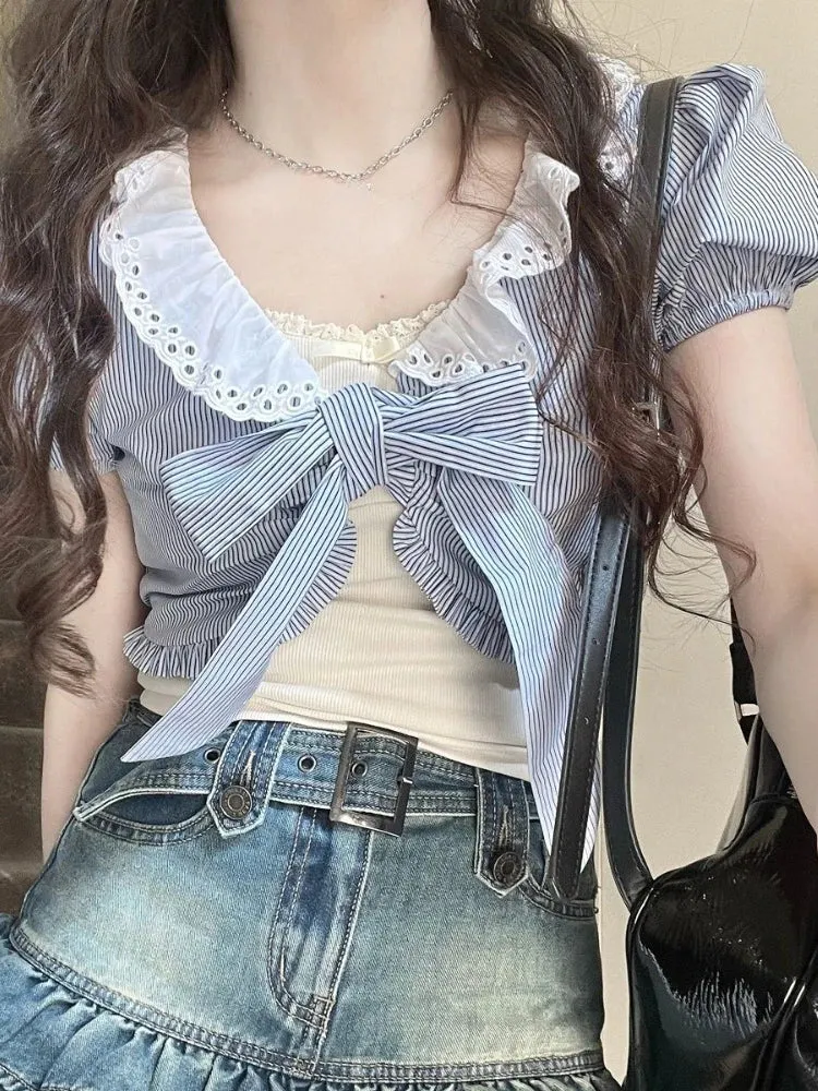 Znbbw Kawaii Two-piece Set Tops Women Blue Striped Casual Sweet Blouses Female Bubble Sleeve Korean Fashion Clothing Summer 2024