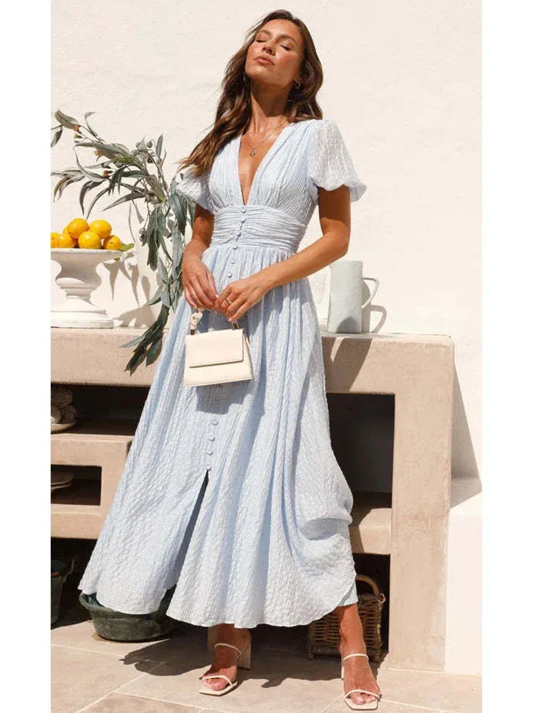 Znbbw V-neck Yellow Puff Sleeve Split Solid Summer Women Dress 2024 A-line Maxi Long Sundress Vestido Button Beach Dress Party