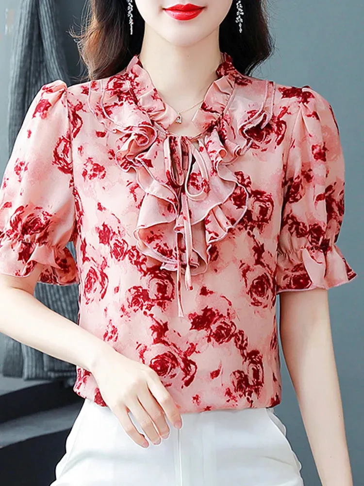 Znbbw Summer Women Tops Short Sleeve Print Chiffon Blouse Shirt Blusas Mujer De Moda 2023 Verano Ruffles V-Neck Blouse Women G580