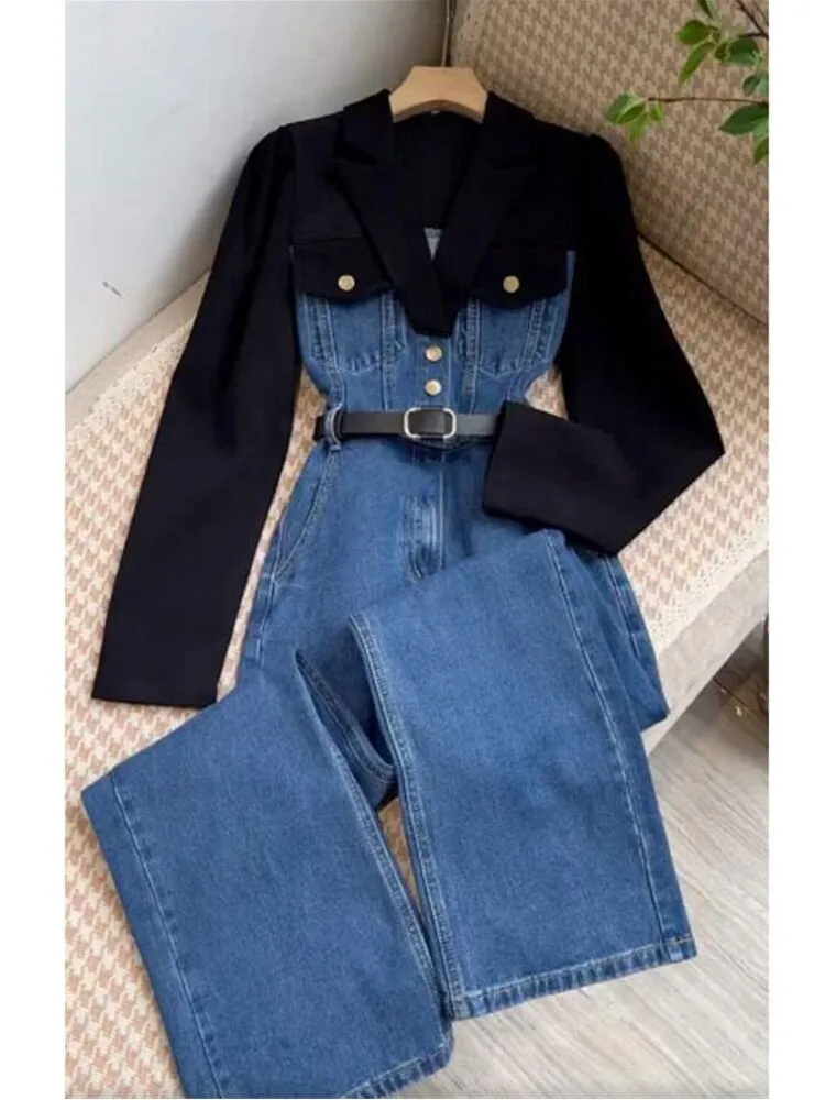 znbbw Waist Wide Leg Denim Jumpsuits Women Streetwear High Street Slim Long Sleeves Mopping Bottoms Baggy Overall Autunm 2023