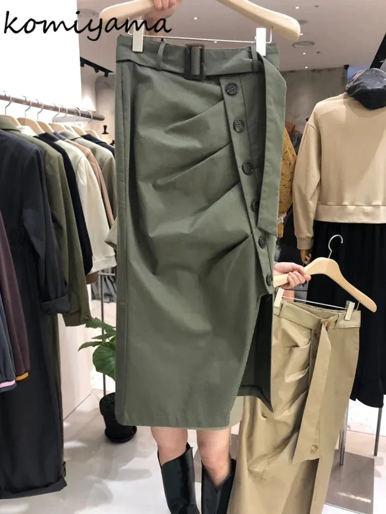 Znbbw High Waist Split Hem Skirt Irregular Buttons Faldas Mujer Belt Tunic Skirts Womens 2024 Spring Vintage Jupe Femme