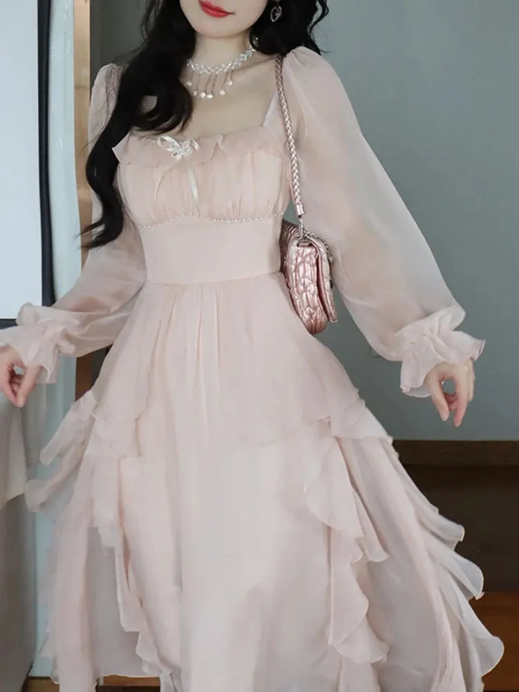 Znbbw Chiffon Vintage Sweet Dress Women A-Line France Elegant Party Midi Dress Female Korean Style Flare Sleeve Dress Summer 2024