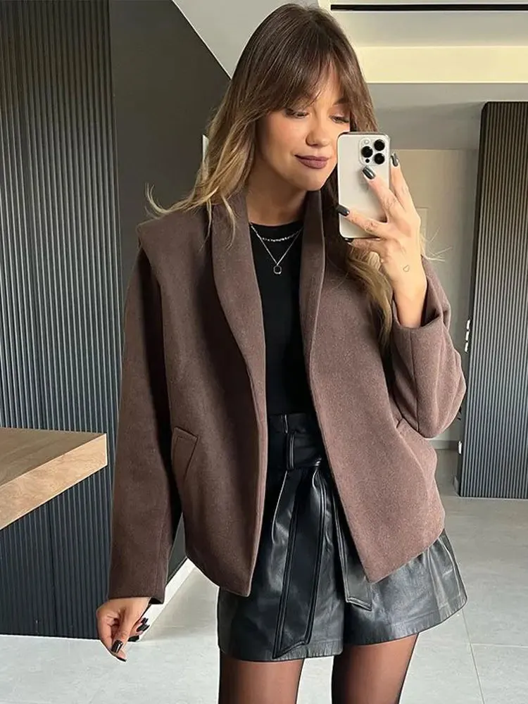 Znbbw Lapel Long Sleeve Cardigan Jacket Women's Casual Cropped Solid Overcoat With Pockets Autumn/Winter Party Club Outwear