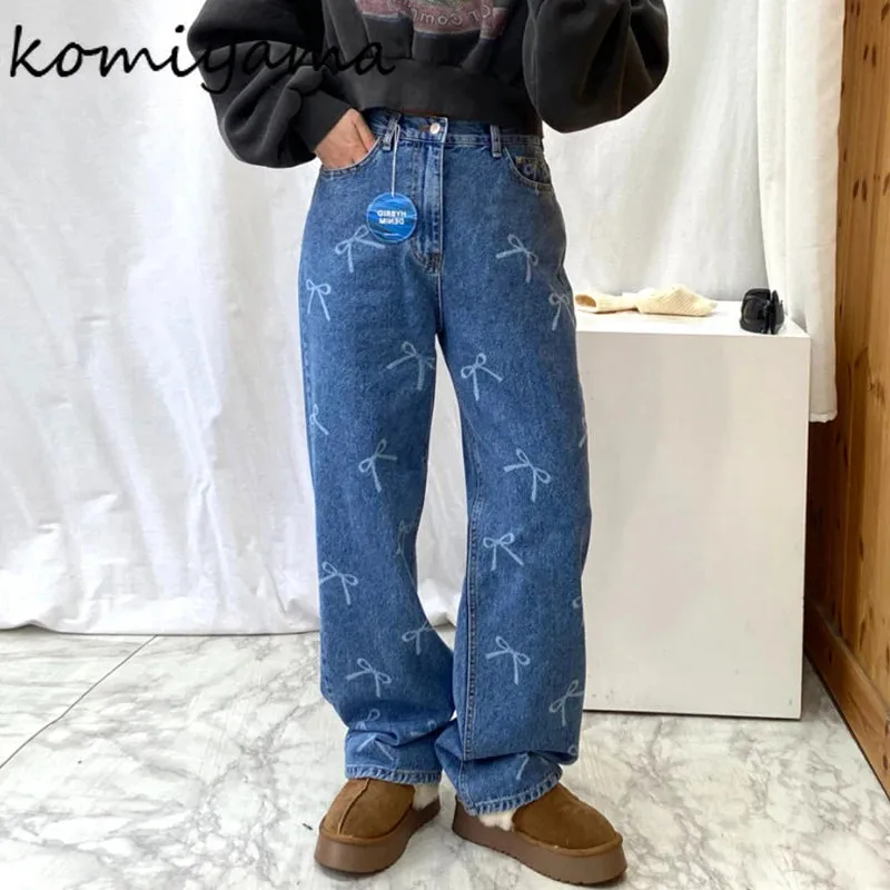 Znbbw Chic Bow Prrint Pantalones Mujer Women Wide Leg Denim Pants Straight Ropa Mujer 2024 Spring Pockets Womens Clothing