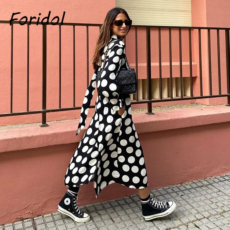Znbbw Polka Dot White Black Vintage Shirt Dress for Women Sash Long Sleeve Ladies Autumn Winter Midi Long Dress Robe Vestido