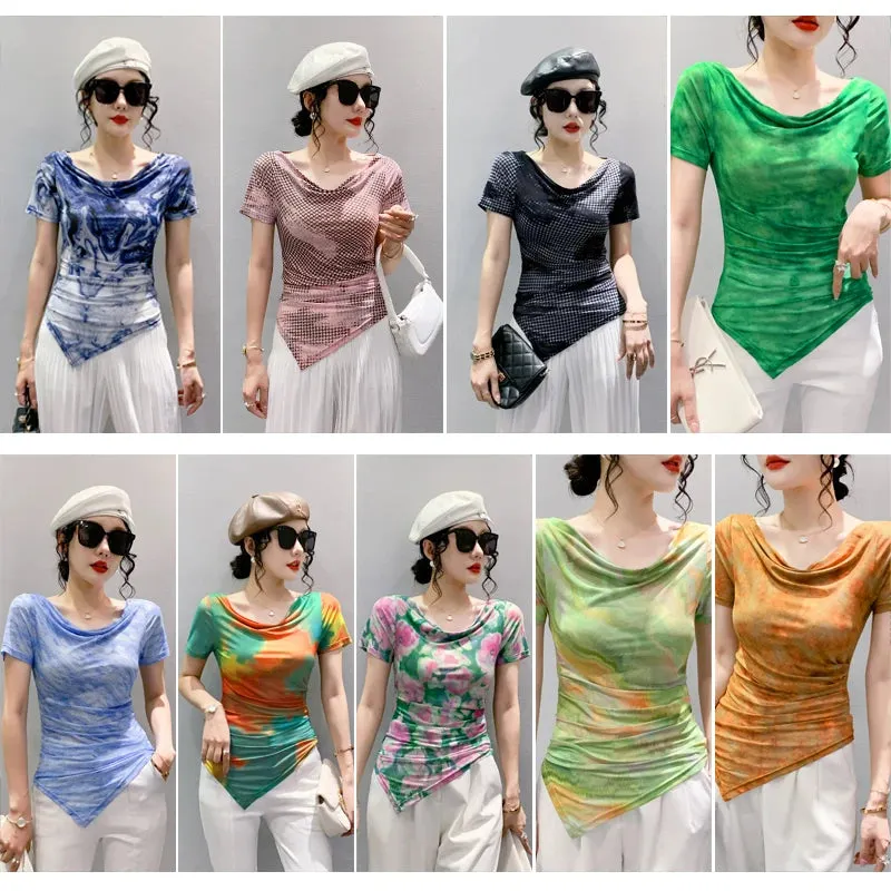 Znbbw Printed Mesh Tee Shirt Female Slash Neck Short Sleeve Irregular T Shirts Women Summer T-shirt Top