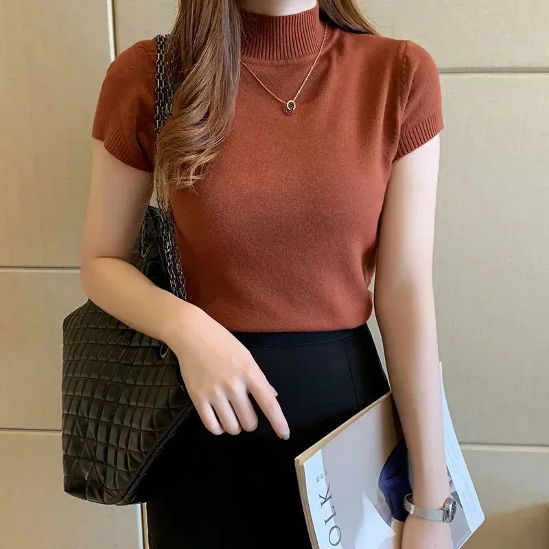 Znbbw Summer Half Turtleneck Slim Knitted T-shirt Women Elegant Solid Short Sleeve Casual Versatile Pullover Casual Skinny Tops