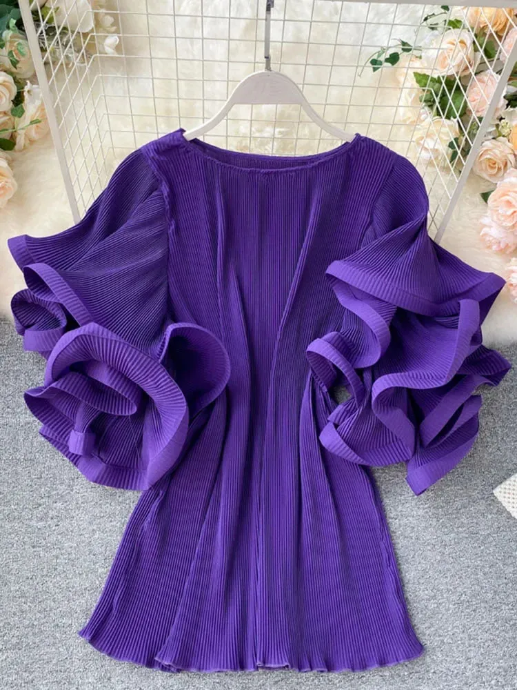 Znbbw Women's Shirt Ins Design Sense Butterfly Sleeve Loose Pleated Chiffon Female Summer Solid Tops New Tide Blouse ML876