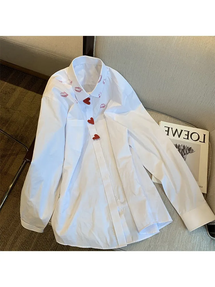 znbbw Long Sleeve Loose Shirts For Women Solid Lipstick Printing Heart Button Tops Loose Streetwear All-match Oversizes Blouse