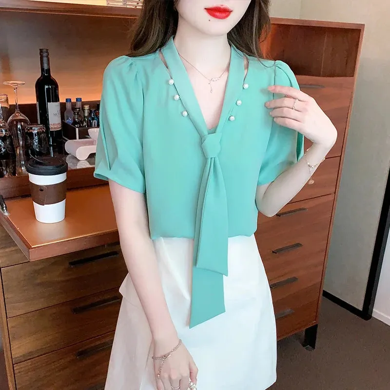 Znbbw Short Sleeve Blouse Women Blusas Mujer De Moda 2023 Verano Beading Bow V-Neck Green Chiffon Blouse Shirt Women Tops G534
