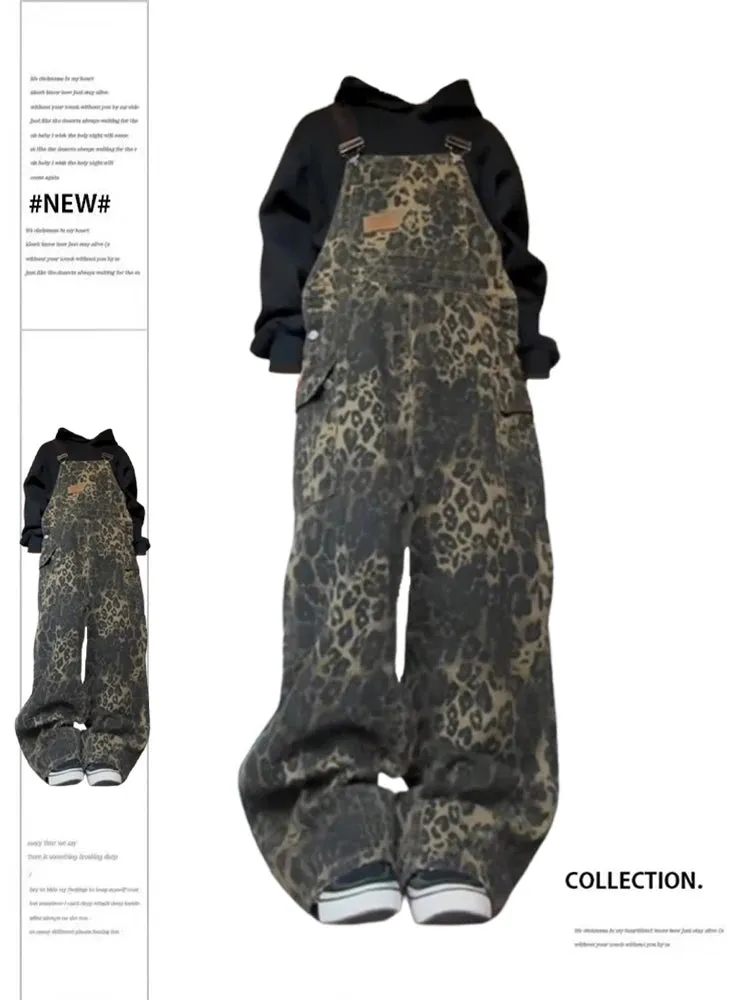 Znbbw Women's Vintage Leopard Jumpsuits Denim Jumpsuit Y2k Harajuku Overalls Korean Streetwear High Waist Wide Jean Pants 90s Clothes