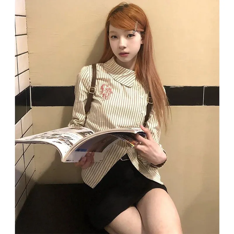 Znbbw Striped Shirts Women Y2K Embroidery Slim Blouses Student Preppy Harajuku Japanese Korean Long Sleeve Casual Crop Tops