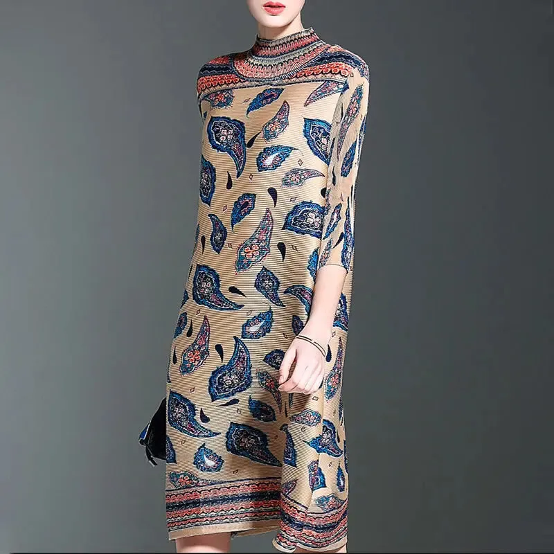 Znbbw Women Dress Retro Pleated Dress 2024 Autumn New High Neck Print Middle-aged Mother Loose  MM Women's Clothing