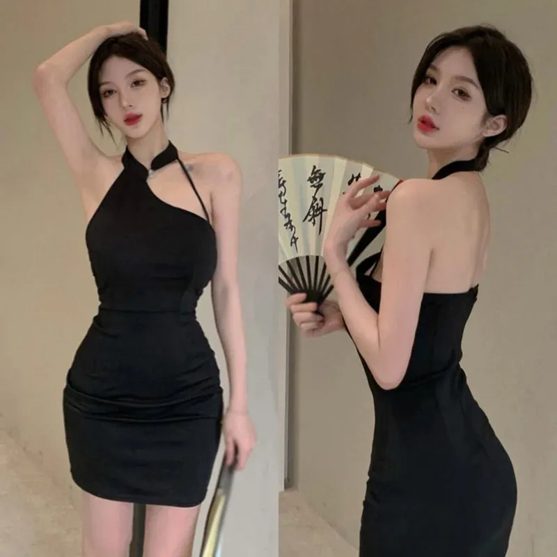 Znbbw Women's Dress Korean Version Dress Irregular Collar Solid Color Hanging Neck Sexy Dress