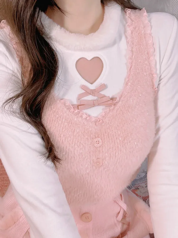 Znbbw Pink Kawaii Lolita Vest Women 2024 Lace Japanese Casual Sweet Cute Tanks Bow Warm Princess Camisole Korean Style Clothing