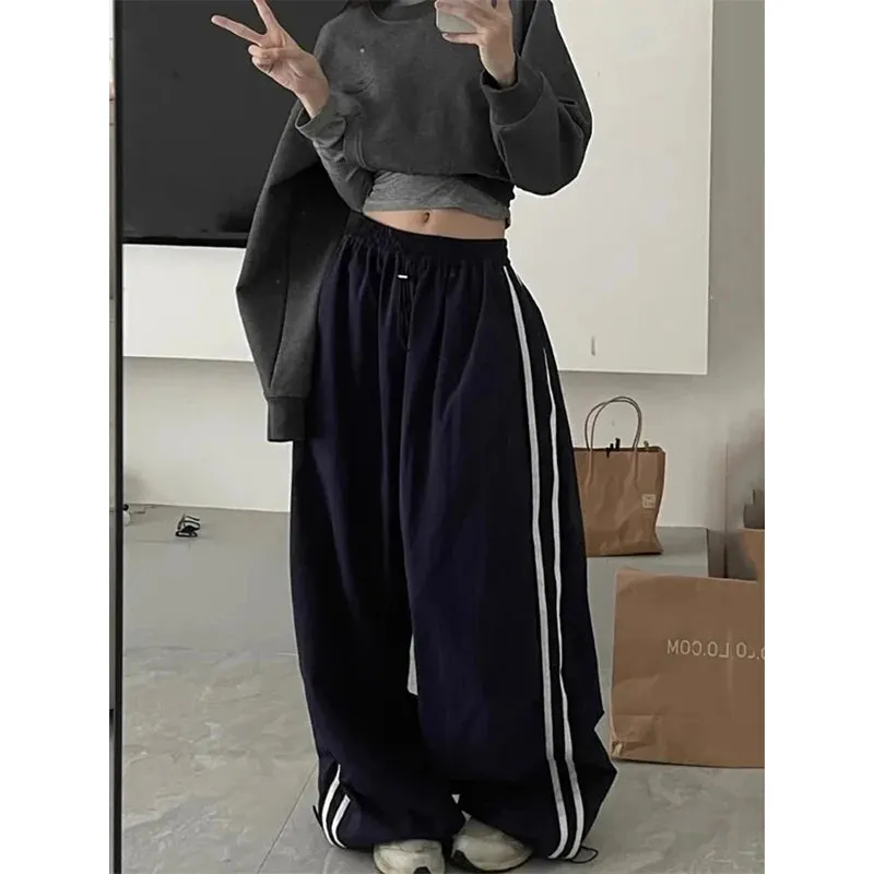Znbbw Striped Sweatpants Women Streetwear Oversized Cargo Pants Harajuku Wide Leg Joggers Vintage Korean Baggy Drawstring Trousers