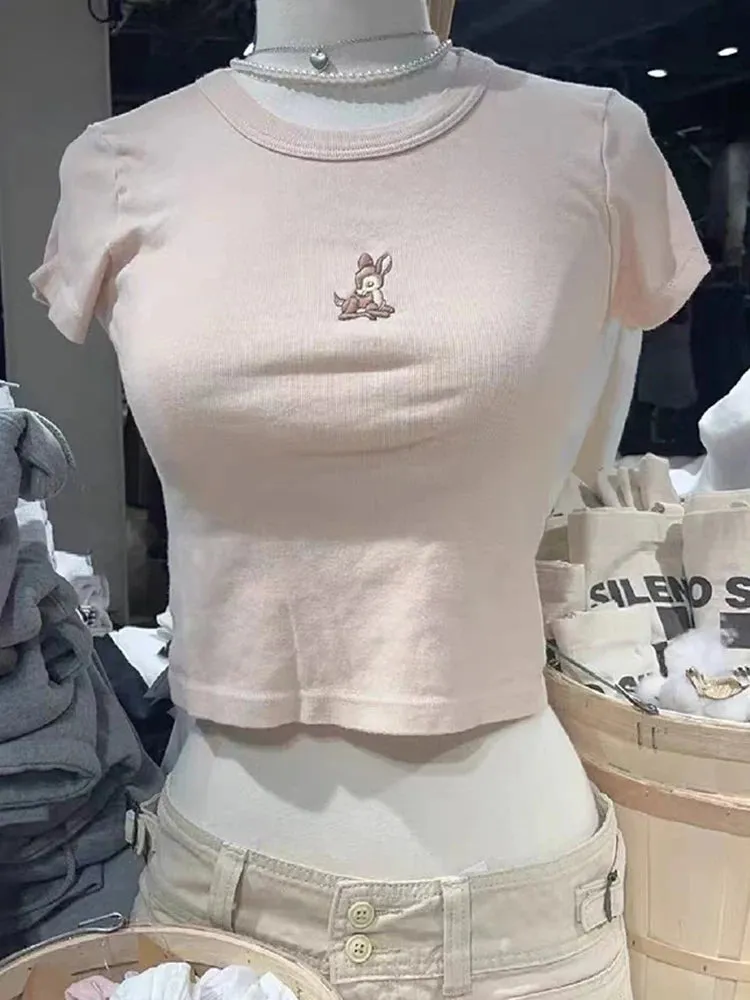Znbbw Deer Embroidery Pink T Shirt Women Cotton Round Neck Short Sleeve Tees Tops Female Vintage Cute Summer Slim Crop Top Y2k