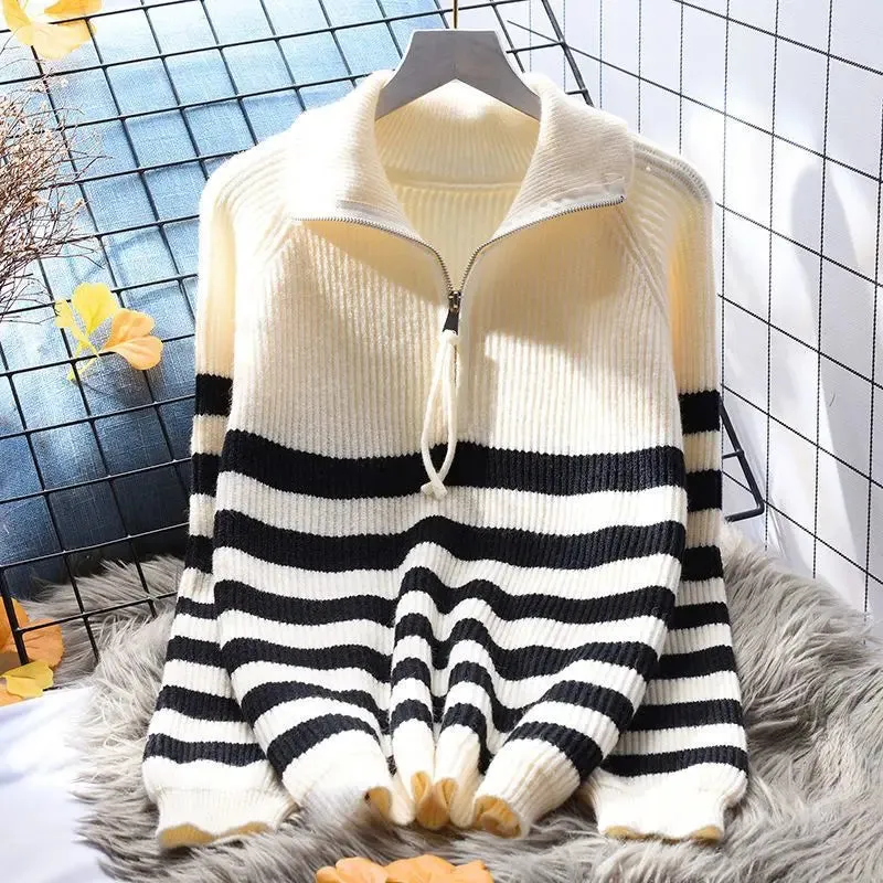 Znbbw neck zipper stripe pullover sweater for women loose sweater 2024 autumn/winter Japanese knit sweater pullover female top