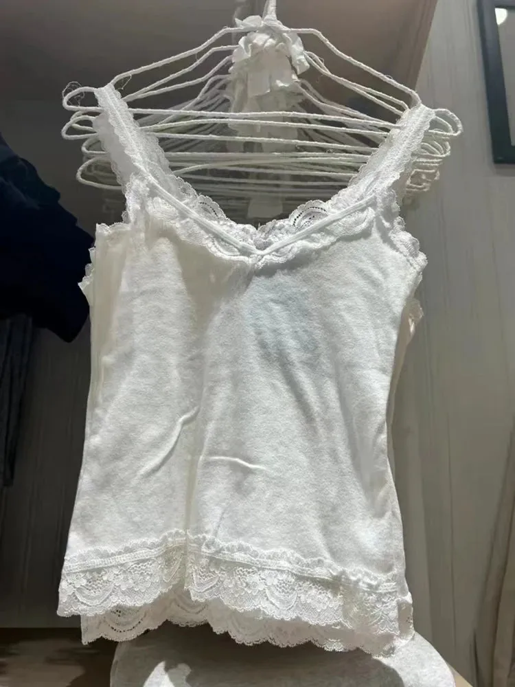 Znbbw Patchwork Slim Tank Tops For Women Summer Sweet White Sexy Sleeveless Cotton Crop Top Cute Vintage Solid Y2k Clothes 2024