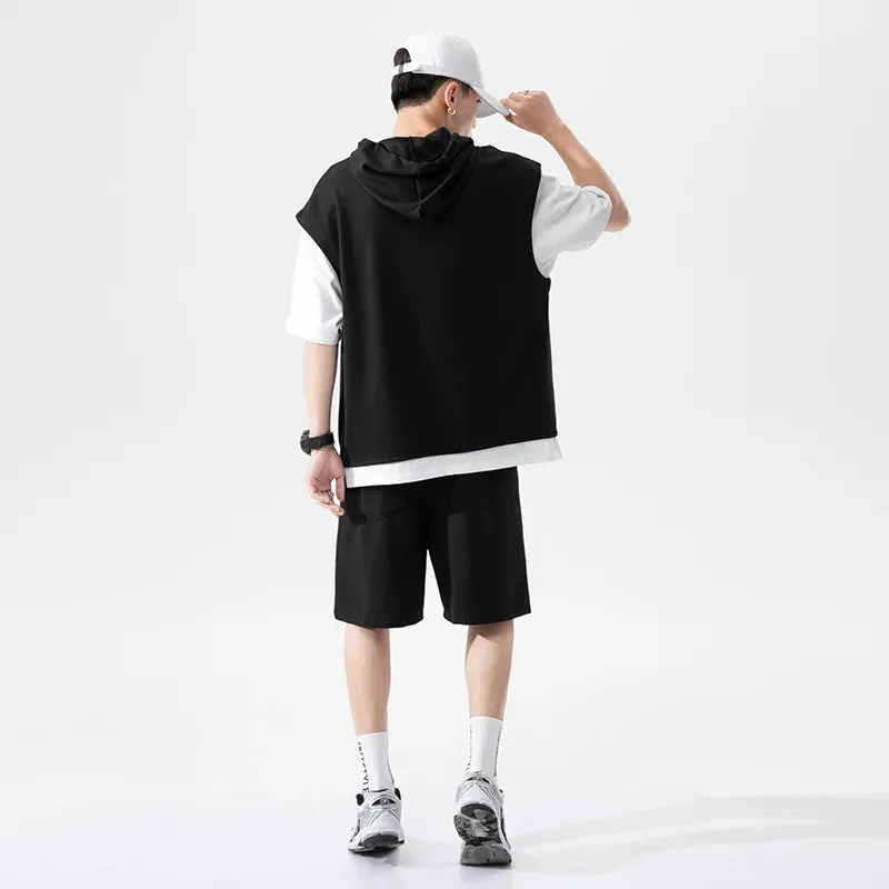 Znbbw Men's Large Size Sports Suit Breathable Casual Wear Wild High Street Chic Fake Two-piece Casual T-shirt + Simple Shorts
