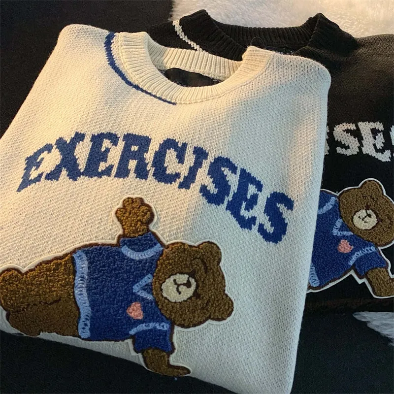 znbbw Grey Letter Bear Printing Pullover Sweater Female Loose O-Neck Long-sleeved Knitted Tops Women Autumn and Winter 2023