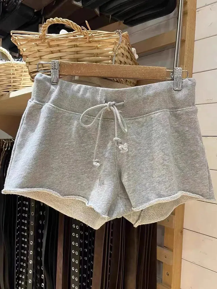 Znbbw Solid Casual Sports Shorts Cotton Raw Trim High Waist Summer Sweatshorts Harajuku Streetwear Drawstring Shorts Women