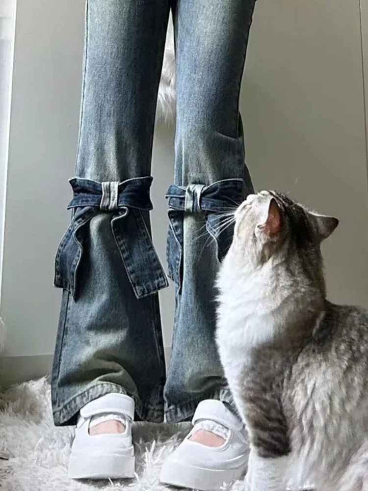 Znbbw Women's High Waist Jeans Y2k Harajuku Vintage Solid Color Bow Patchwork Flared Pants Spring and Autumn Design All Match Clothing