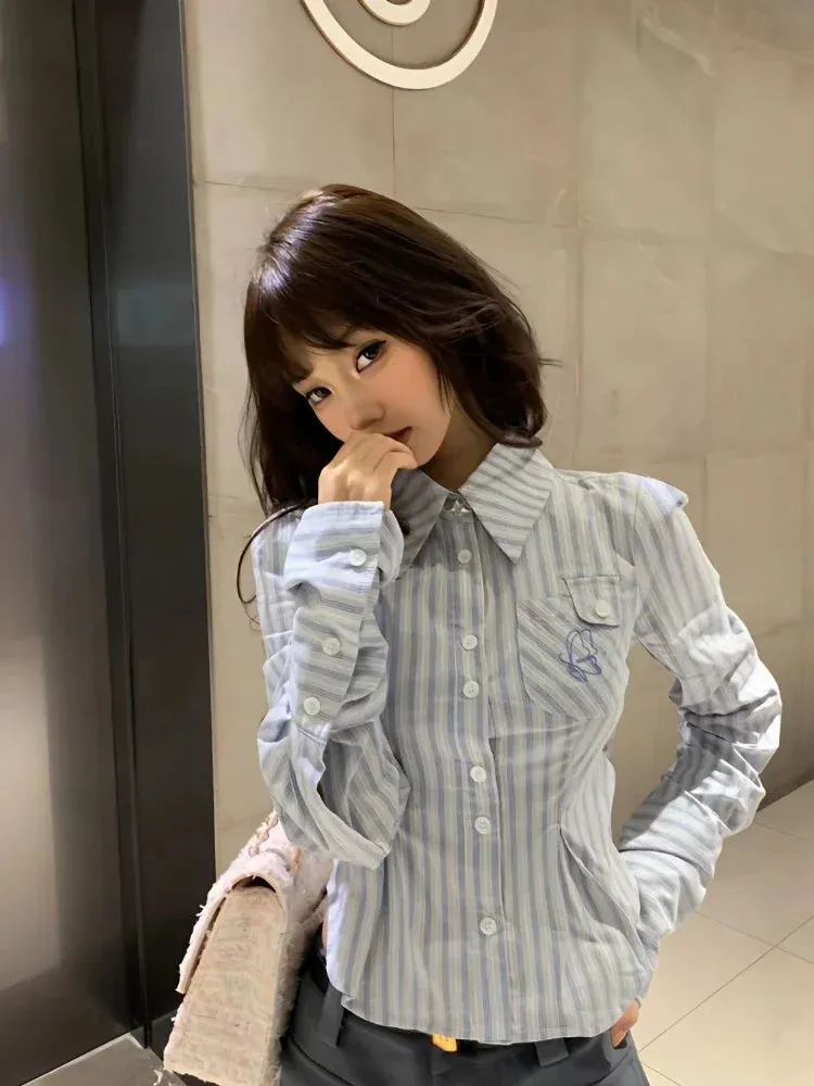 Znbbw Chic Y2k Blouses Long Sleeve Striped Pockets Butterfly Button Shirts Spring Female Slim Preppy Style 2000s Girl Clothing