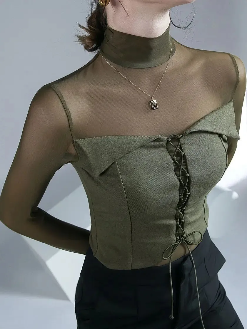 Znbbw Mesh T Shirt Girls Lace-up Turtleneck Patchwork High Stretch Autumn Tee Shirts Women Trend Top